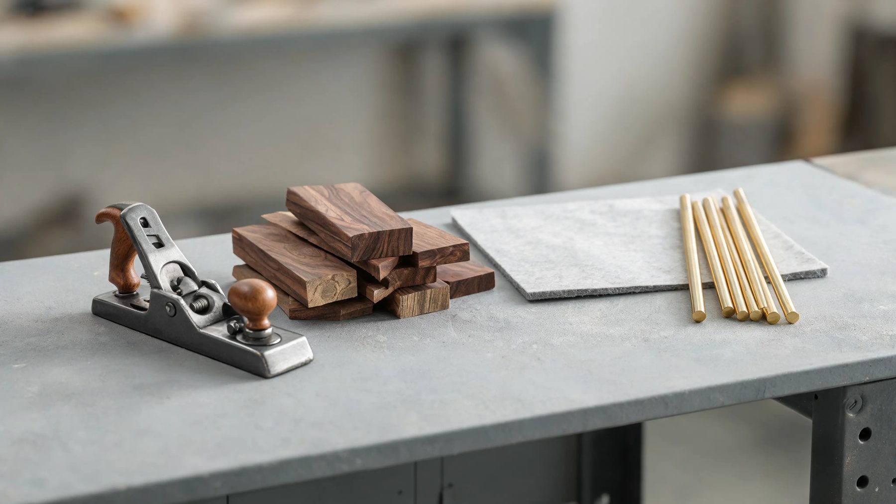 Workshop bench with a hand plane, walnut offcuts and brass rod stock
